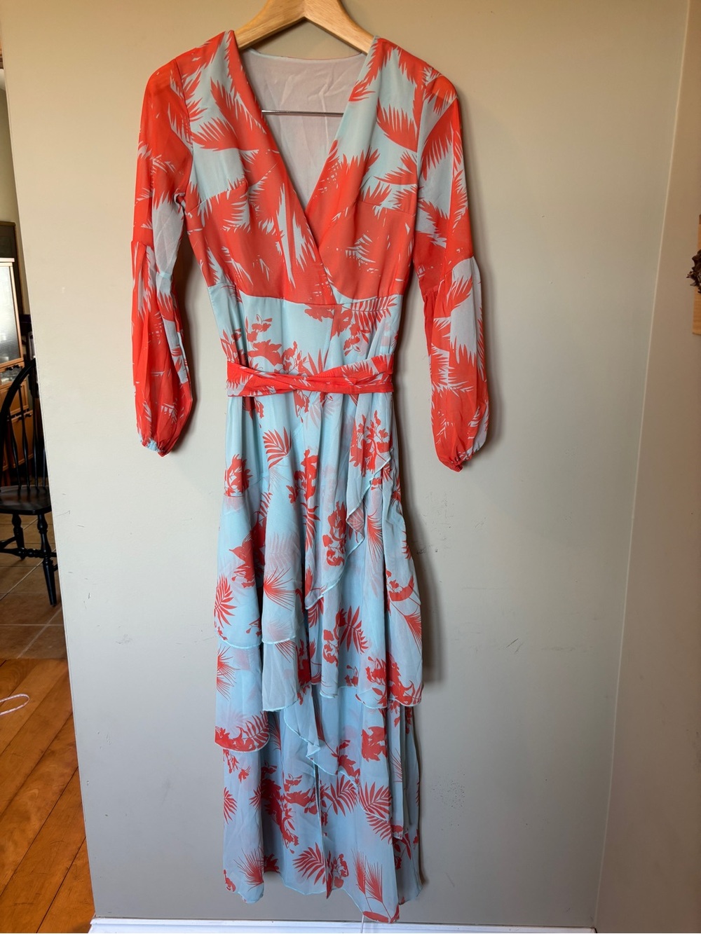 Women’s Coral and Light Blue Floral Wrap Maxi Dress